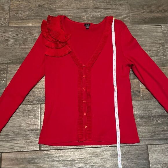 Vtg 90s Rafaella Red Pleated Ruffle Embellished Chiffon Shoulder Knit cardigan S - Picture 4 of 9